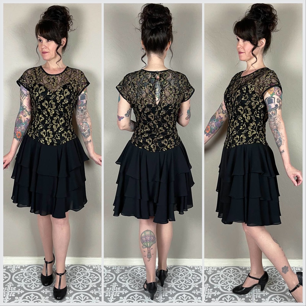Vintage 1980s Lace Overlay Tiered Mini Dress - Picture 3 of 7
